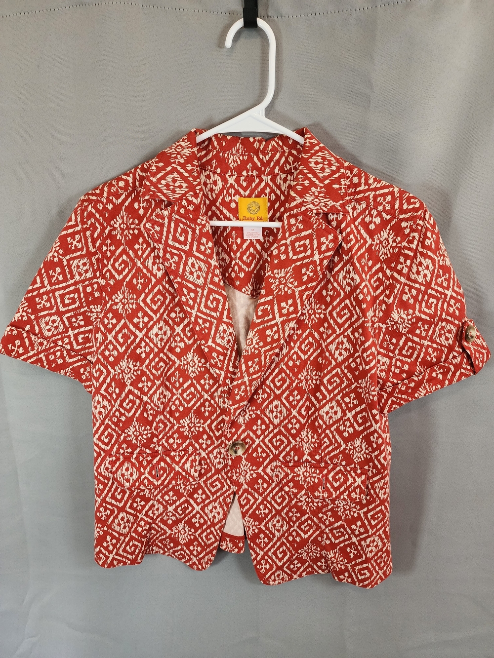Ruby Rd. Red and White Patterned Short-Sleeve Blazer